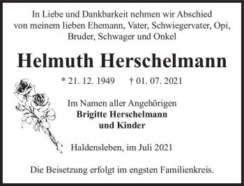 Traueranzeige von Helmuth Herschelmann  von Magdeburger Volksstimme