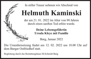 Traueranzeige von Helmuth Kaminski  von Magdeburger Volksstimme
