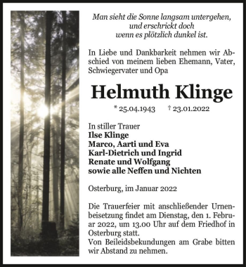 Traueranzeige von Helmuth Klinge  von Magdeburger Volksstimme