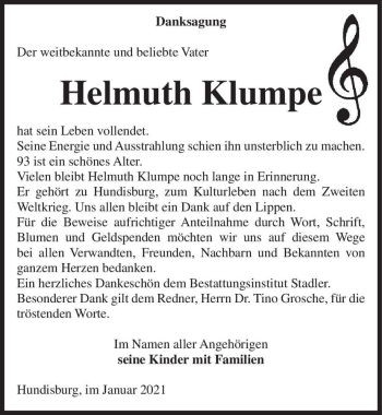 Traueranzeige von Helmuth Klumpe  von Magdeburger Volksstimme