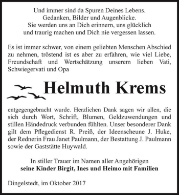 Traueranzeige von Helmuth Krems  von Magdeburger Volksstimme