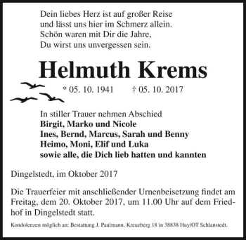 Traueranzeige von Helmuth Krems  von Magdeburger Volksstimme