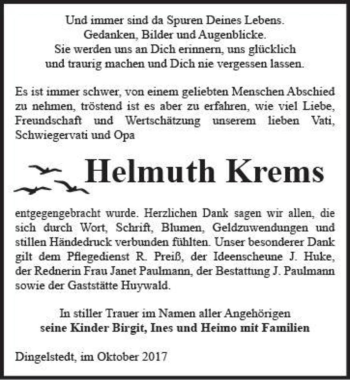 Traueranzeige von Helmuth Krems  von Magdeburger Volksstimme
