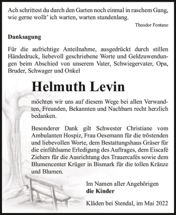 Traueranzeige von Helmuth Levin  von Magdeburger Volksstimme