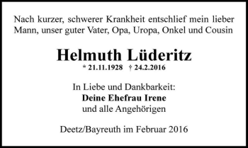 Traueranzeige von Helmuth Lüderitz  von Magdeburger Volksstimme