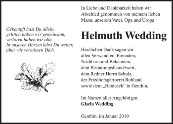 Traueranzeige von Helmuth Wedding  von Magdeburger Volksstimme