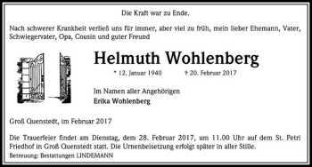 Traueranzeige von Helmuth Wohlenberg  von Magdeburger Volksstimme
