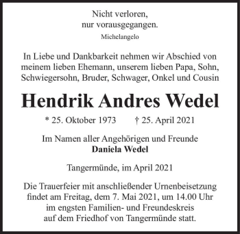Traueranzeige von Hendrik Andres Wedel  von Magdeburger Volksstimme