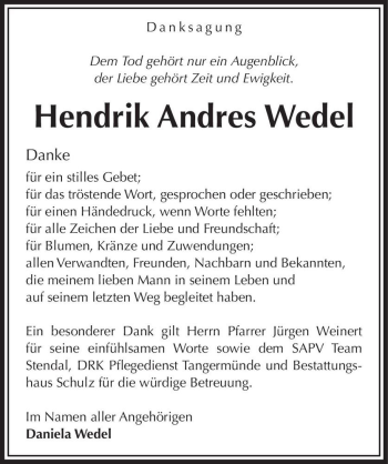 Traueranzeige von Hendrik Andres Wedel  von Magdeburger Volksstimme
