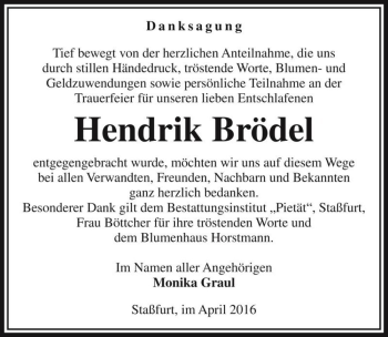 Traueranzeige von Hendrik Brödel  von Magdeburger Volksstimme
