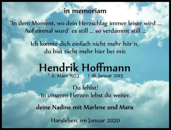 Traueranzeige von Hendrik Hoffmann  von Magdeburger Volksstimme