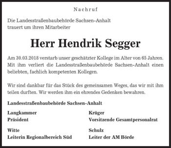Traueranzeige von Hendrik Segger  von Magdeburger Volksstimme
