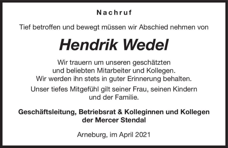  Traueranzeige für Hendrik Wedel  vom 04.05.2021 aus Magdeburger Volksstimme