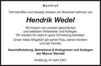 Traueranzeige von Hendrik Wedel  von Magdeburger Volksstimme
