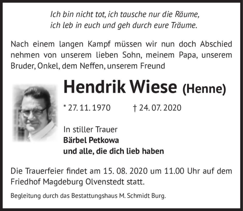  Traueranzeige für Hendrik Wiese (Henne)  vom 01.08.2020 aus Magdeburger Volksstimme