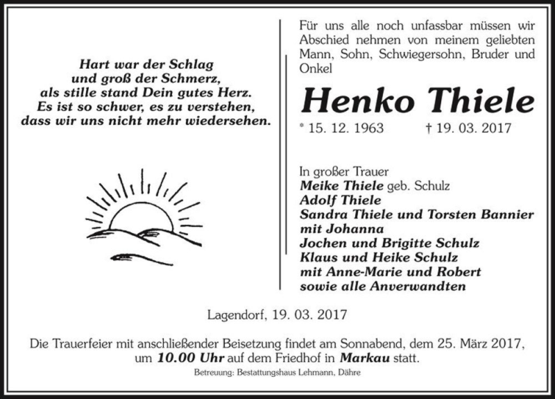  Traueranzeige für Henko Thiele  vom 21.03.2017 aus Magdeburger Volksstimme