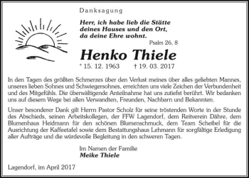 Traueranzeige von Henko Thiele  von Magdeburger Volksstimme