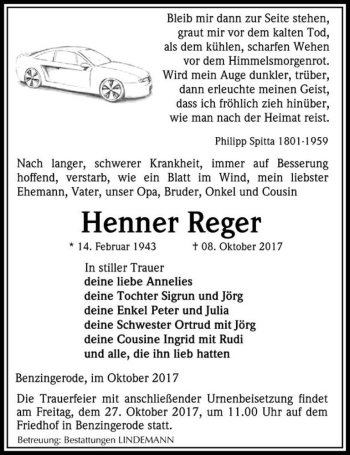 Traueranzeige von Henner Reger  von Magdeburger Volksstimme