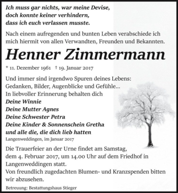 Traueranzeige von Henner Zimmermann  von Magdeburger Volksstimme