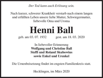 Traueranzeige von Henni Ball  von Magdeburger Volksstimme