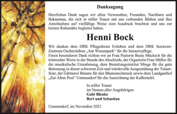 Traueranzeige von Henni Bock  von Magdeburger Volksstimme