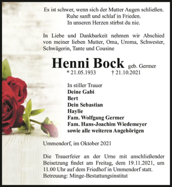 Traueranzeige von Henni Bock (geb. Germer)  von Magdeburger Volksstimme