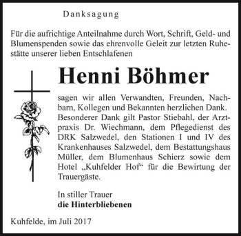Traueranzeige von Henni Böhmer  von Magdeburger Volksstimme