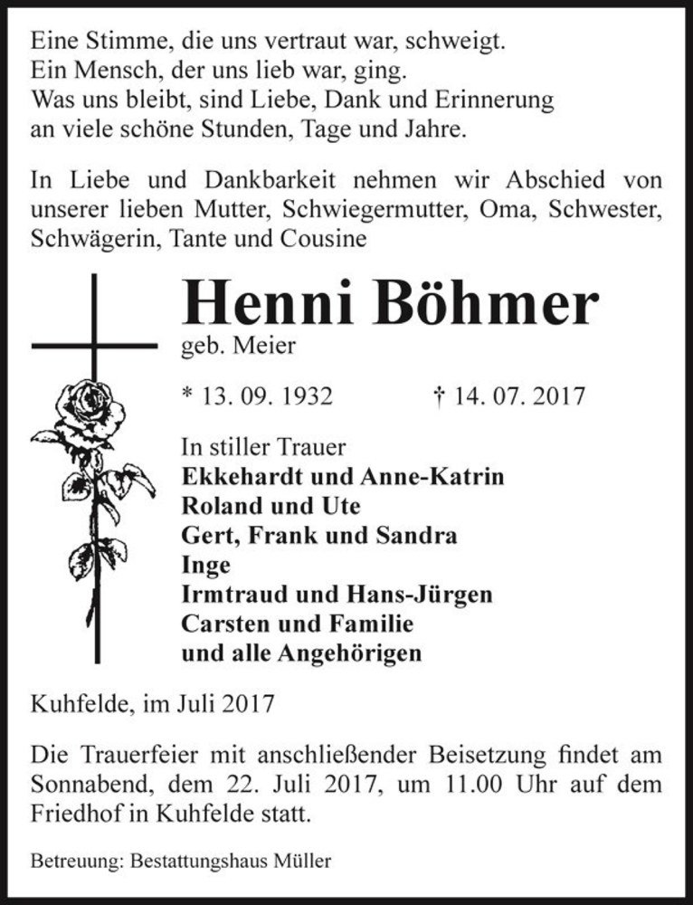  Traueranzeige für Henni Böhmer (geb. Meier)  vom 18.07.2017 aus Magdeburger Volksstimme