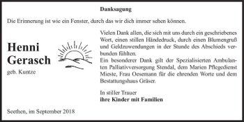 Traueranzeige von Henni Gerasch (geb. Kuntze)  von Magdeburger Volksstimme