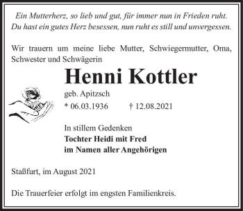 Traueranzeige von Henni Kottler (geb. Apitzsch)  von Magdeburger Volksstimme