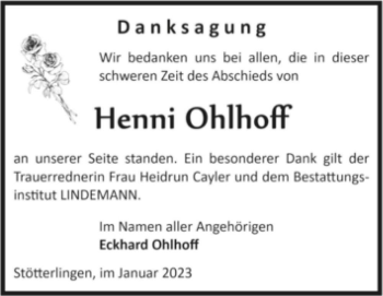 Traueranzeige von Henni Ohlhoff  von Magdeburger Volksstimme