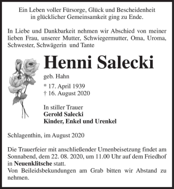 Traueranzeige von Henni Salecki (geb. Hahn)  von Magdeburger Volksstimme