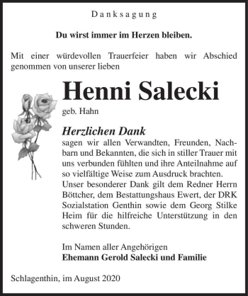 Traueranzeige von Henni Salecki (geb. Hahn)  von Magdeburger Volksstimme