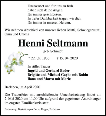 Traueranzeige von Henni Seltmann (geb. Schmidt)  von Magdeburger Volksstimme
