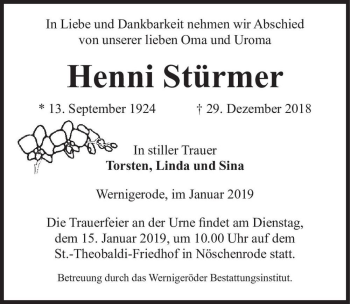 Traueranzeige von Henni Stürmer  von Magdeburger Volksstimme