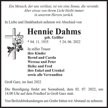 Traueranzeige von Hennie Dahms (geb. Geißler)  von Magdeburger Volksstimme