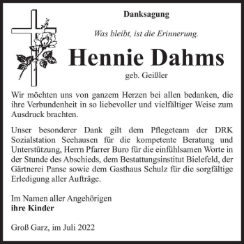 Traueranzeige von Hennie Dahms (geb. Geißler)  von Magdeburger Volksstimme