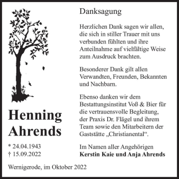 Traueranzeige von Henning Ahrends  von Magdeburger Volksstimme