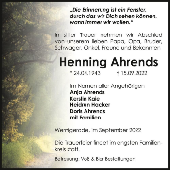 Traueranzeige von Henning Ahrends  von Magdeburger Volksstimme
