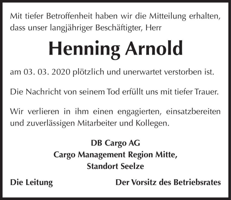  Traueranzeige für Henning Arnold  vom 13.03.2020 aus Magdeburger Volksstimme