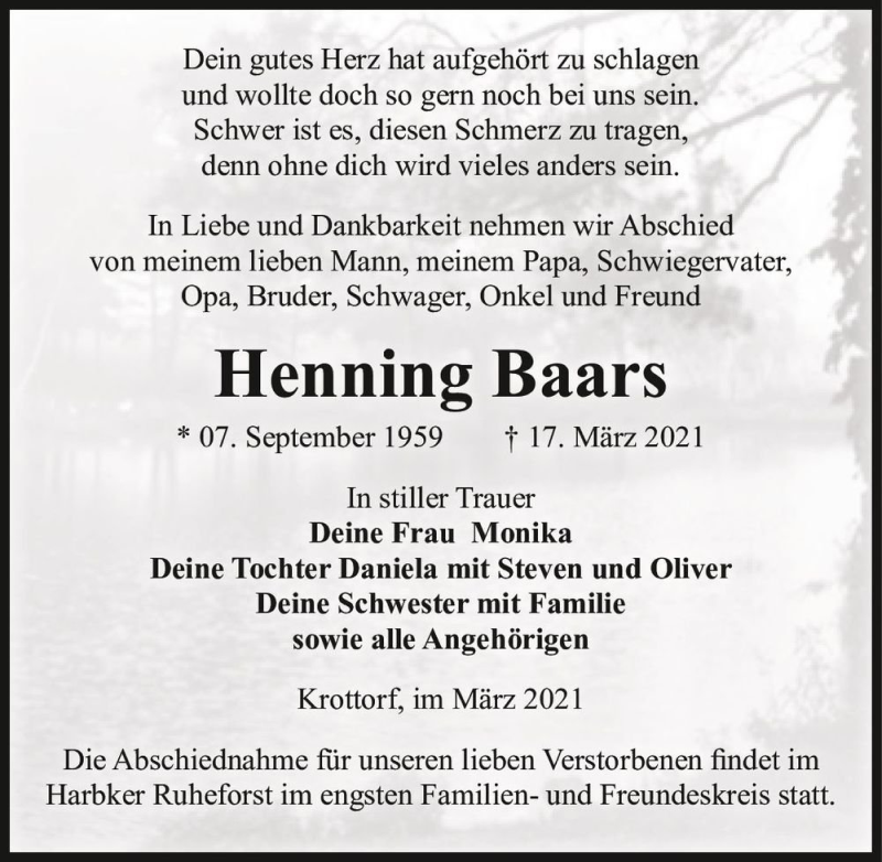  Traueranzeige für Henning Baars  vom 27.03.2021 aus Magdeburger Volksstimme