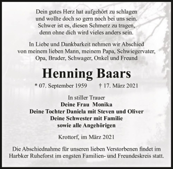 Traueranzeige von Henning Baars  von Magdeburger Volksstimme