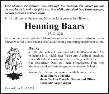 Traueranzeige von Henning Baars  von Magdeburger Volksstimme