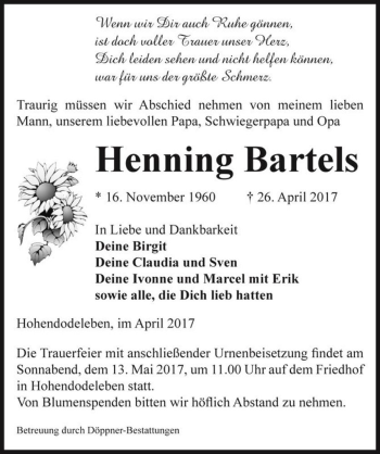 Traueranzeige von Henning Bartels  von Magdeburger Volksstimme