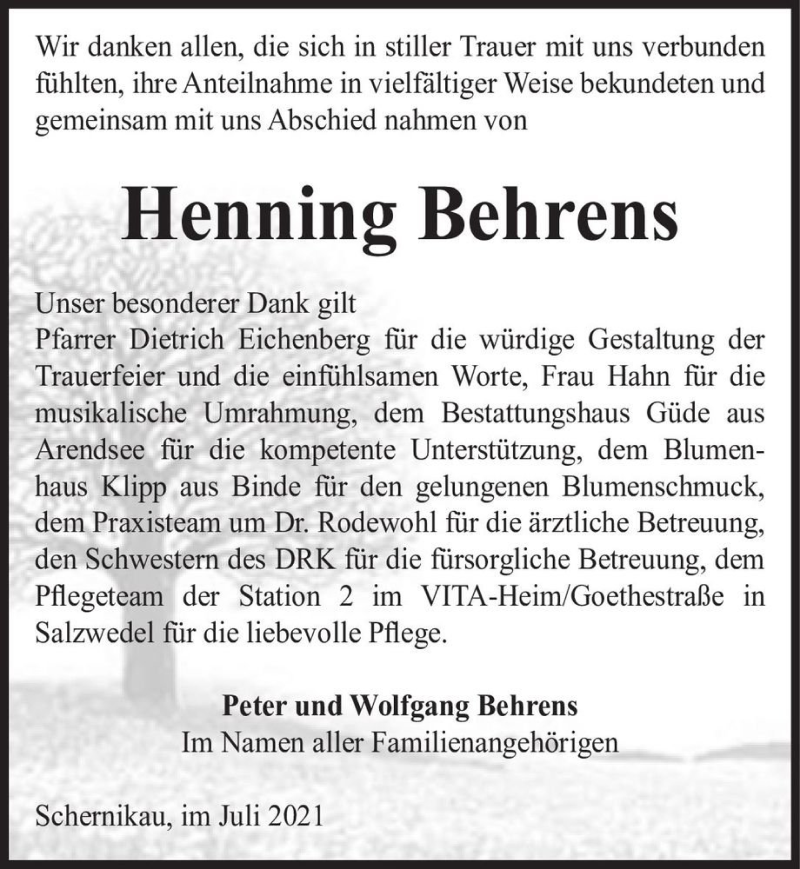  Traueranzeige für Henning Behrens  vom 23.07.2021 aus Magdeburger Volksstimme