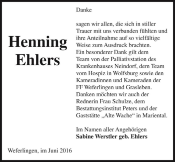 Traueranzeige von Henning Ehlers  von Magdeburger Volksstimme