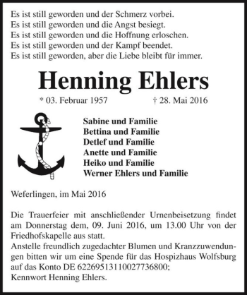 Traueranzeige von Henning Ehlers  von Magdeburger Volksstimme
