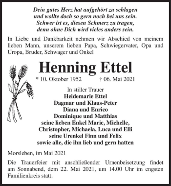 Traueranzeige von Henning Ettel  von Magdeburger Volksstimme