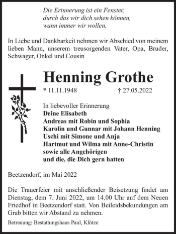Traueranzeige von Henning Grothe  von Magdeburger Volksstimme