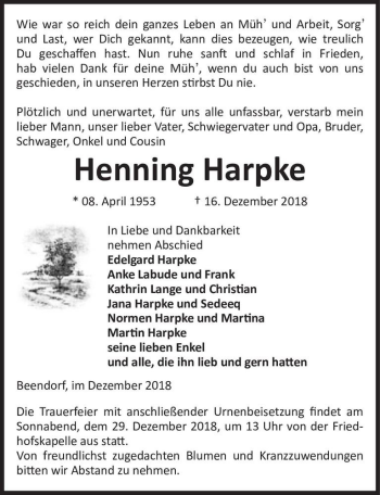 Traueranzeige von Henning Harpke  von Magdeburger Volksstimme
